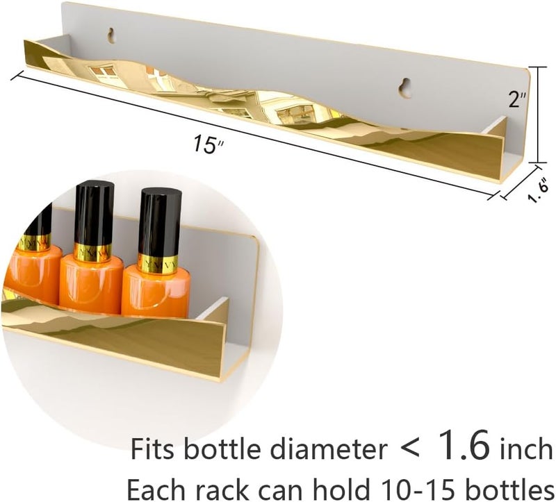 YMVV Wall-Mounted Nail Polish Organizer Rack - 15-Inch Gold Mirror Finish Nail Polish Shelf, Makeup & Beauty Essentials Storage - Multi-Purpose Display Holder for Small Space, Vanity Bathroom, 6 Pack - Image 2